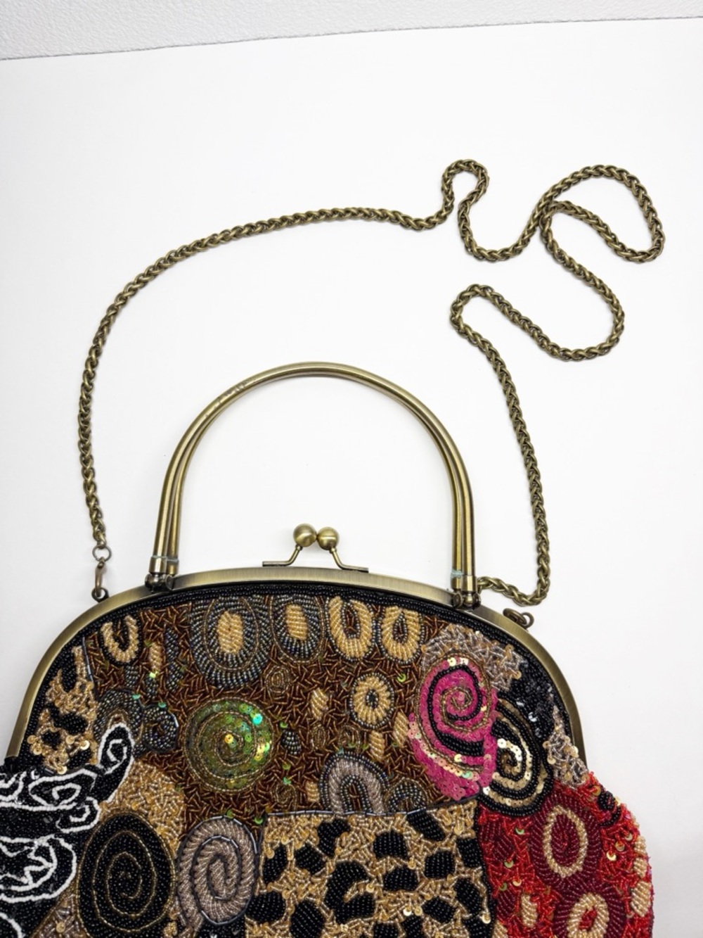 Vintage Chicos Beaded Brass Handle Chain Strap Convertible Crossbody Purse - Picture 13 of 15